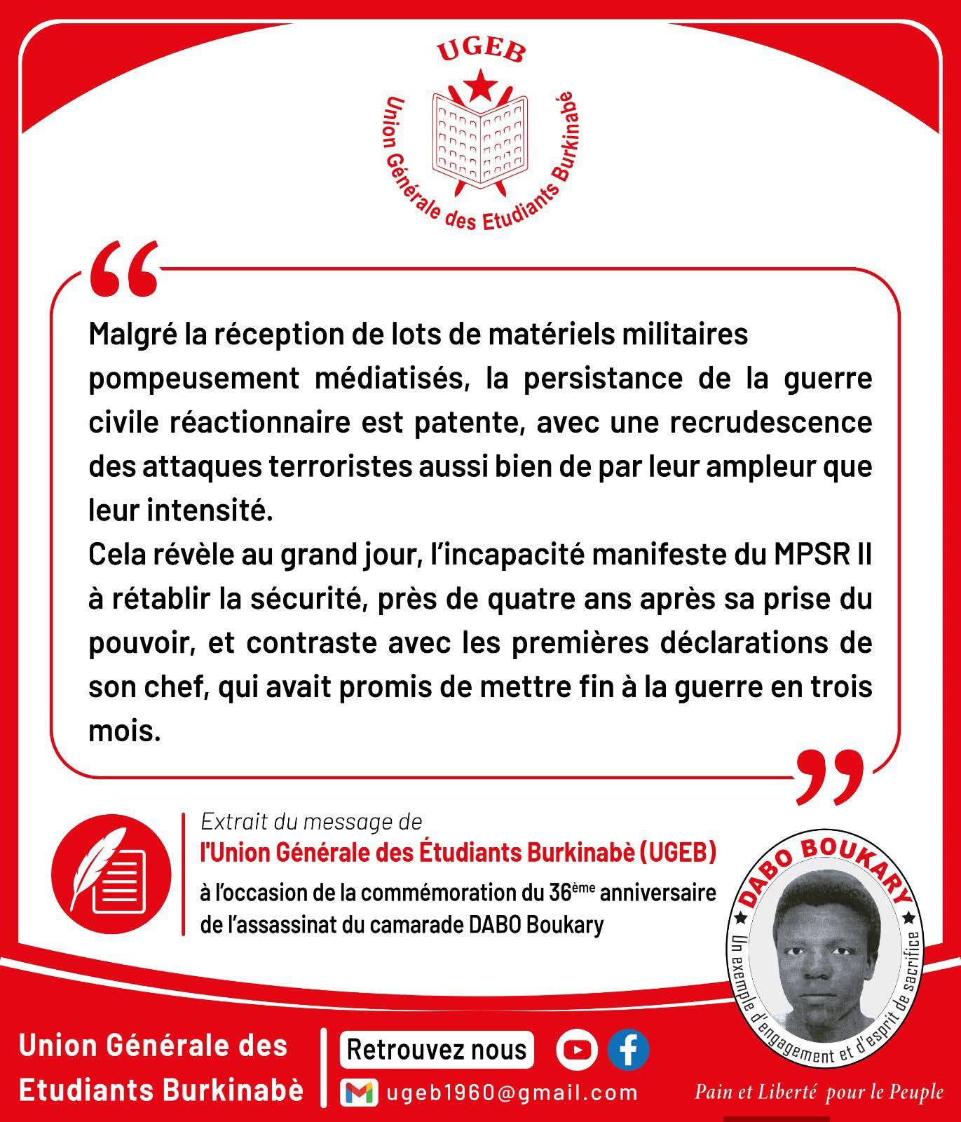 Transition au Burkina Faso : l’ugeb dénonce l’échec sécuritaire et social du mpsr ii