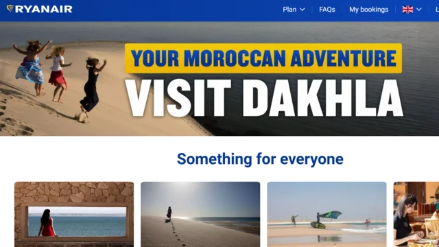 Capture d'écran d'une campagne publicitaire de Ryanair promouvant des vols vers Dakhla au Sahara occidental