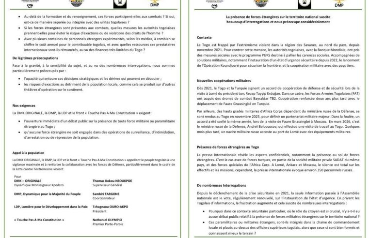Togo : l’absence de clarté sur les troupes étrangères alimente les spéculations
