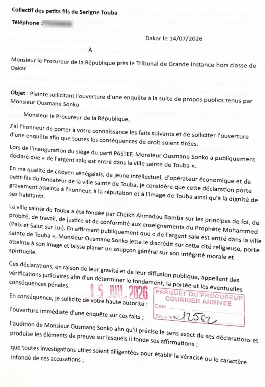 Illustration de la plainte contre Ousmane Sonko pour ses propos sur Touba