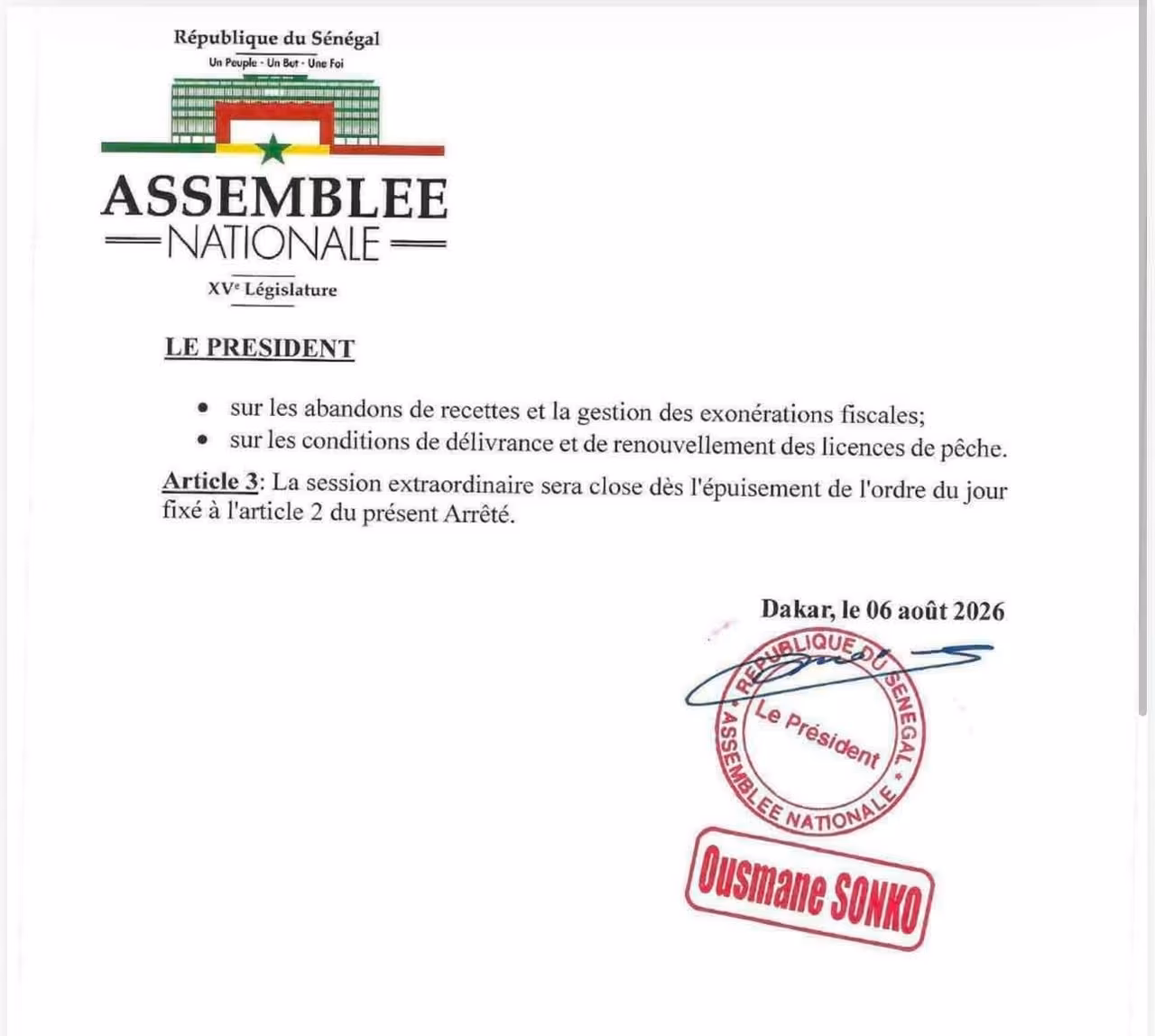l'Assemblée nationale convoque une session extraordinaire ce lundi