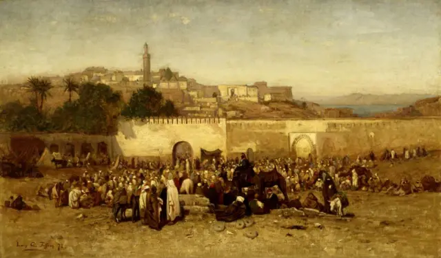 Un marché animé à Tanger au XIXe siècle, symbole des échanges commerciaux entre le Maroc et les puissances étrangères.